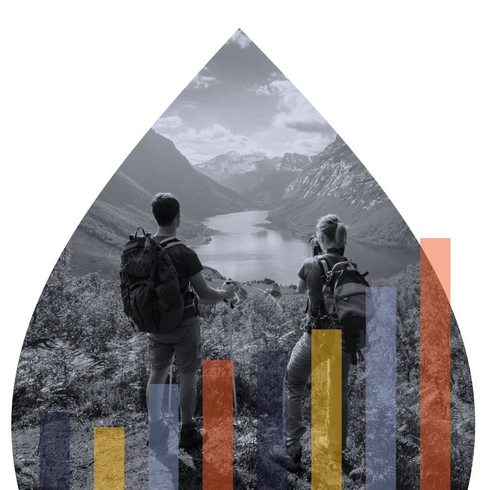 two hikers with a bar graph overlayed