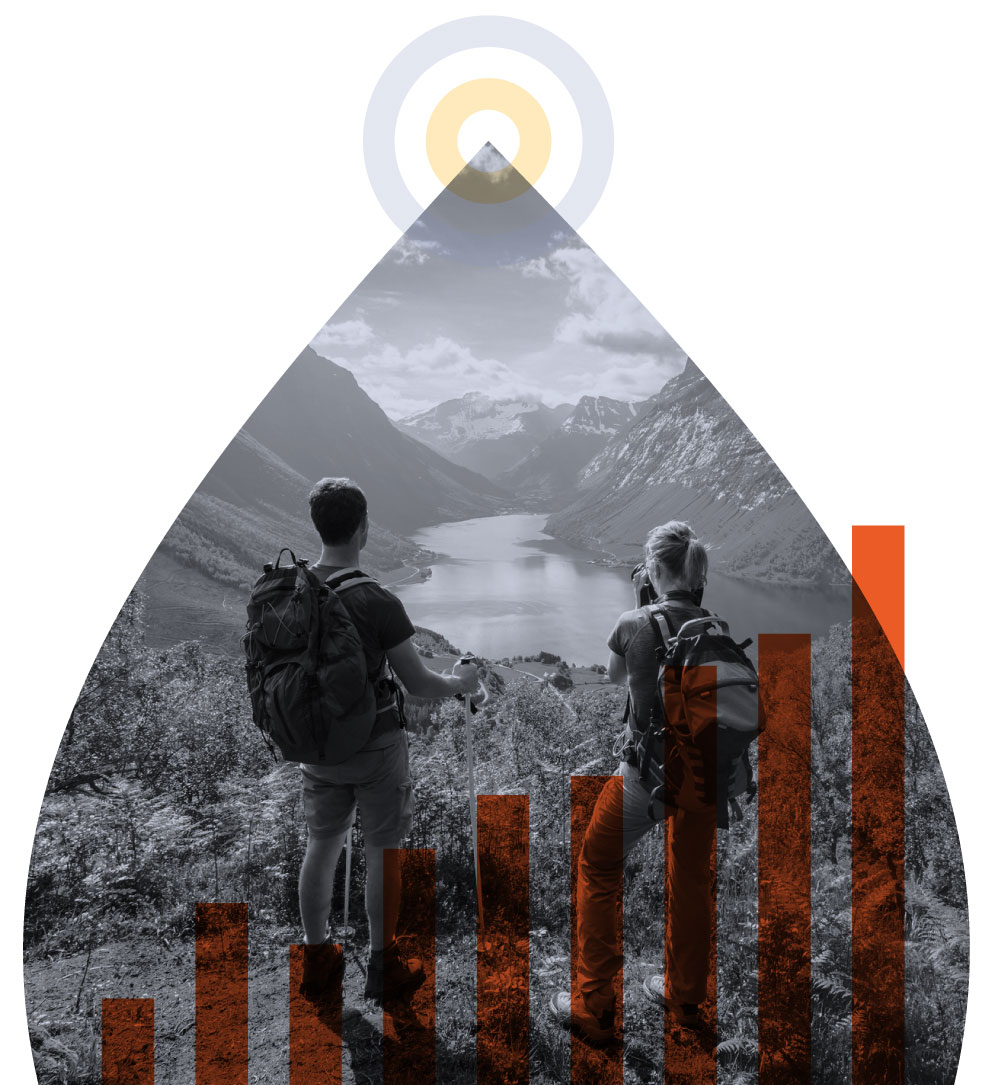 two hikers with a bar graph overlayed